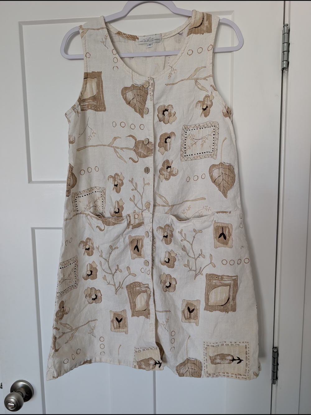 Sleeveless 100% Linen Button Front Dress in Cream & Tan Size Small